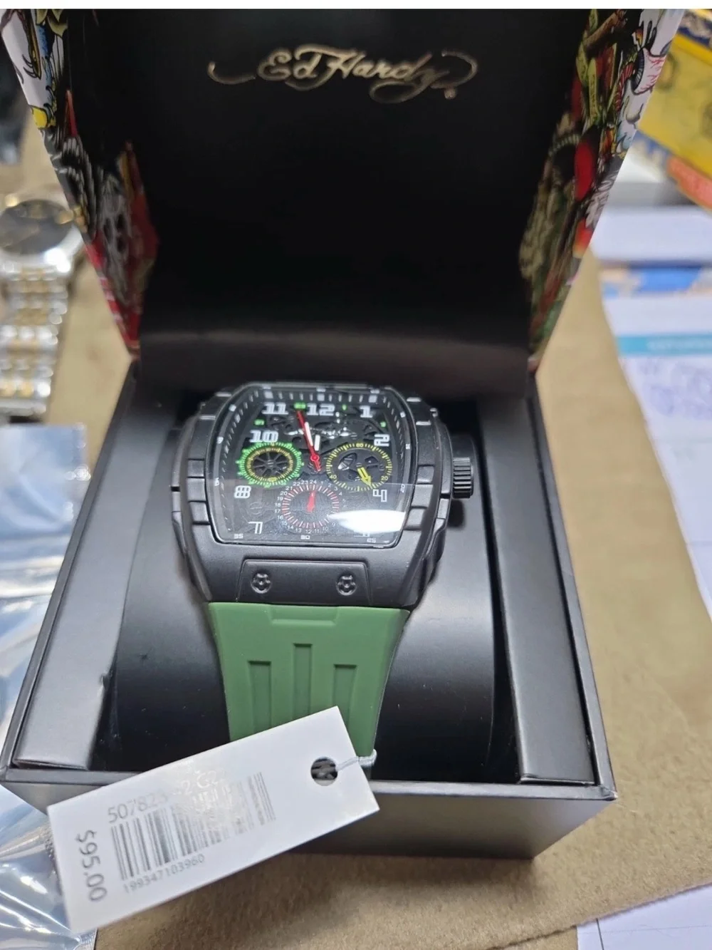 Ed Hardy Men’s Watch W/ Adjustable Green Band (New with Tag)